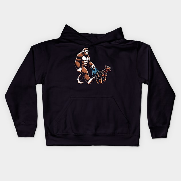 Bigfoot Walking Doberman Pinscher Dog Tee Triumph for Fans of Elegant Canines Kids Hoodie by Kevin Jones Art